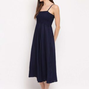 Women's Viscose Rayon Solid Shoulder Straps Sleeveless Flared Gown Drees (Dark Blue)