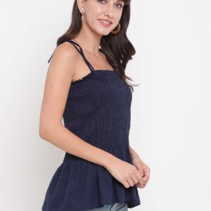 Women's Rayon Solid Casual Summer Style Tie Shoulder Straps Free Size Tank Top (Dark Blue)