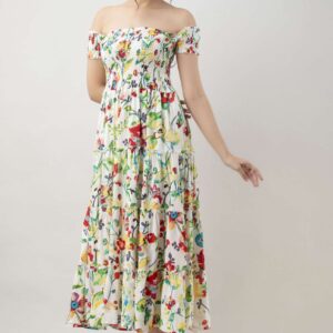 Women's Viscos Rayon Printed Off Shoulder Midi Dress For Summer And Casual Wear (White Floral)