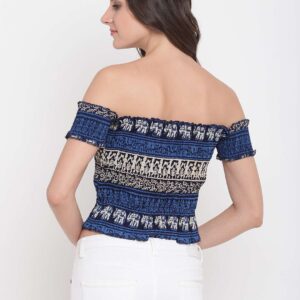 Women's Rayon Printed Off-Shoulder Smocked Crop Top Short Sleeve Casual Styles Tank Top (FREE SIZE) Multi1